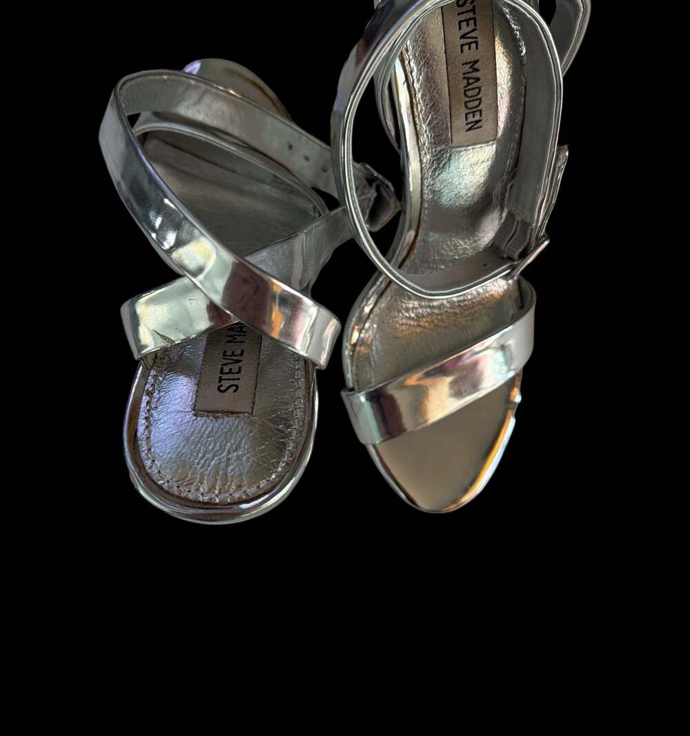 Steve Madden Emilie Silver Metallic Block Heel Strappy Sandals